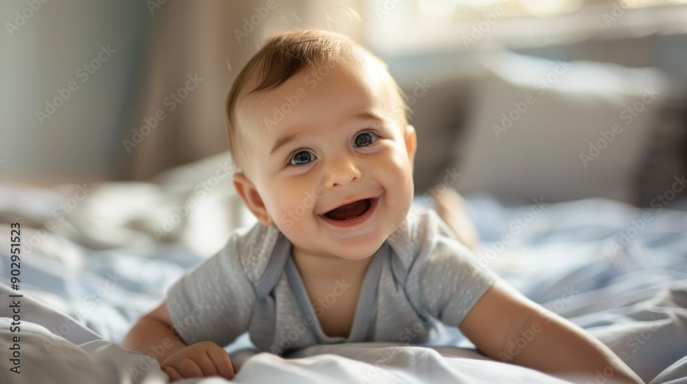 Smiling baby lying on bed, bright room, adorable expression, joyfully happy face, childhood innocence, playful mood concept Smiling baby lying on bed, bright room, adorable expression, joyfully happy face, childhood innocence, playful mood concept