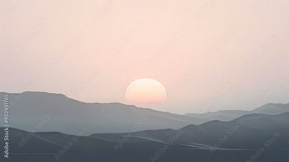 Fototapeta premium Calm and simple background (wallpaper) with delicate texture with mountains, trees, fog, sun, and moon.
