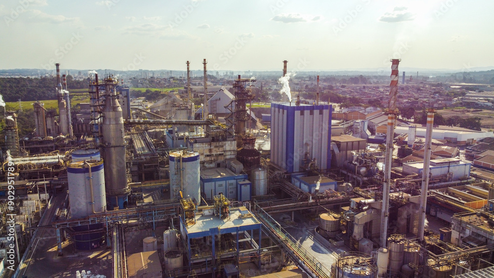 Obraz premium Visão aérea da indústria de papel e celulose em um dia de sol em suzano, brasil