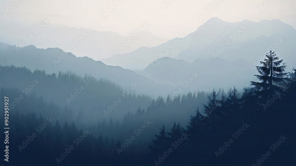 Obraz premium Calm and simple background (wallpaper) with delicate texture with mountains, trees, fog, sun, and moon.
