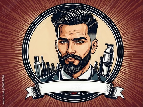 Vintage barber shop logo with a bearded man and a razor.