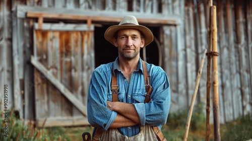 The Seasoned Farmer's Resolve: Portrait of a rugged, weathered farmer in bib overalls and a straw hat, standing confidently with arms crossed