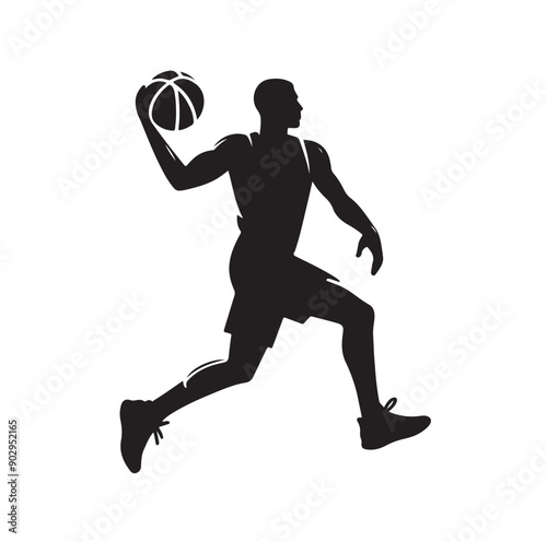 A black and white picture of a basketball player with the ball in his hand silhouette  