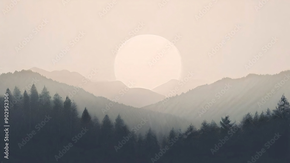 Calm and simple background (wallpaper) with delicate texture with mountains, trees, fog, sun, and moon. Calm and simple background (wallpaper) with delicate texture with mountains, trees, fog, sun, and moon.