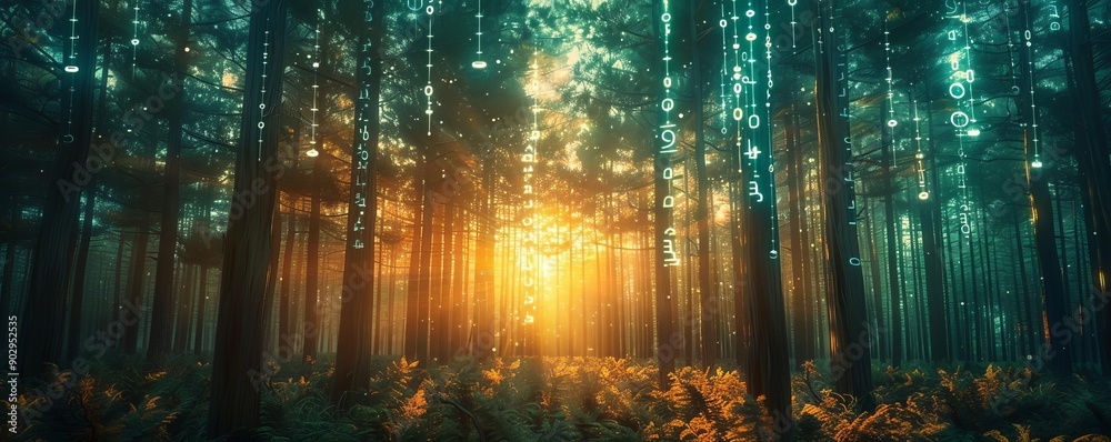 Obraz premium Forest inventory management, digital analytics, holographic data visualization, advanced forestry tech