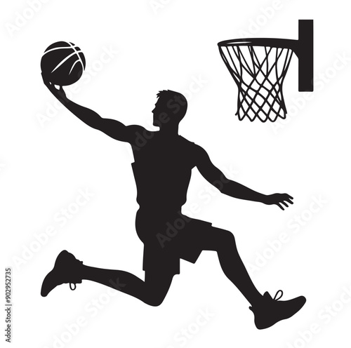A black and white picture of a basketball player with the ball in his hand silhouette  