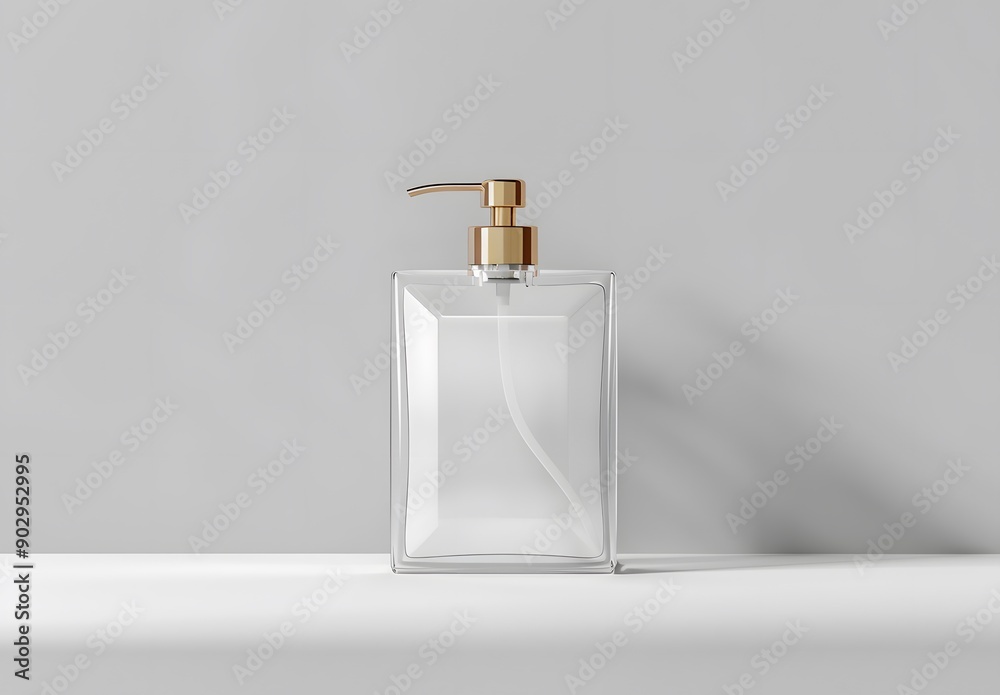 Modern square glass bottle with pump for liquid soap or beauty product on white background, mockup template. Modern square glass bottle with pump for liquid soap or beauty product on white background, mockup template.