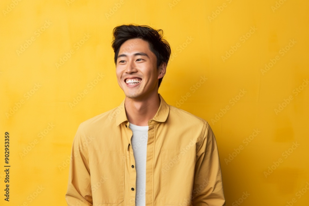 Portrait of a cheerful asian man in his 20s sporting a technical climbing shirt while standing against pastel yellow background Portrait of a cheerful asian man in his 20s sporting a technical climbing shirt while standing against pastel yellow background