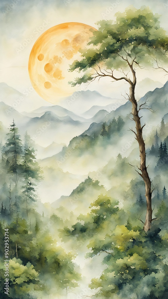 Calm and simple background (wallpaper) with delicate texture with mountains, trees, fog, sun, and moon. Calm and simple background (wallpaper) with delicate texture with mountains, trees, fog, sun, and moon.