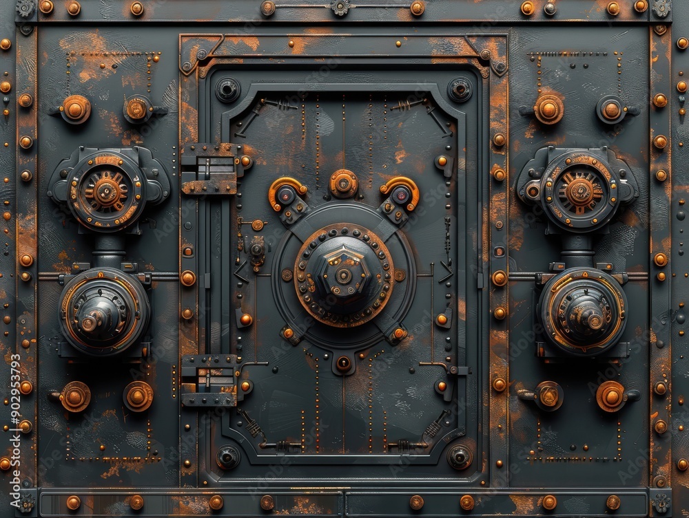Detailed Close-Up of an Ornate Industrial Safe With Rusted Metal Texture Detailed Close-Up of an Ornate Industrial Safe With Rusted Metal Texture