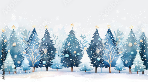 Winter forest landscape with decorated Christmas trees, snowflakes, and a serene snow-covered ground in soft watercolor style © M