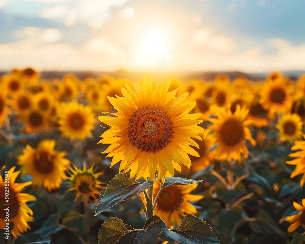 Fototapeta premium Embracing the Energy of New Beginnings A Sunlit Sunflower Field Symbolizing Optimism and Hope