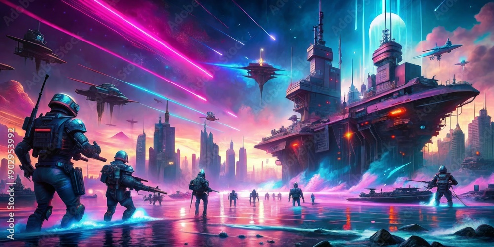Obraz premium Futuristic Cityscape with Soldiers and Spaceships