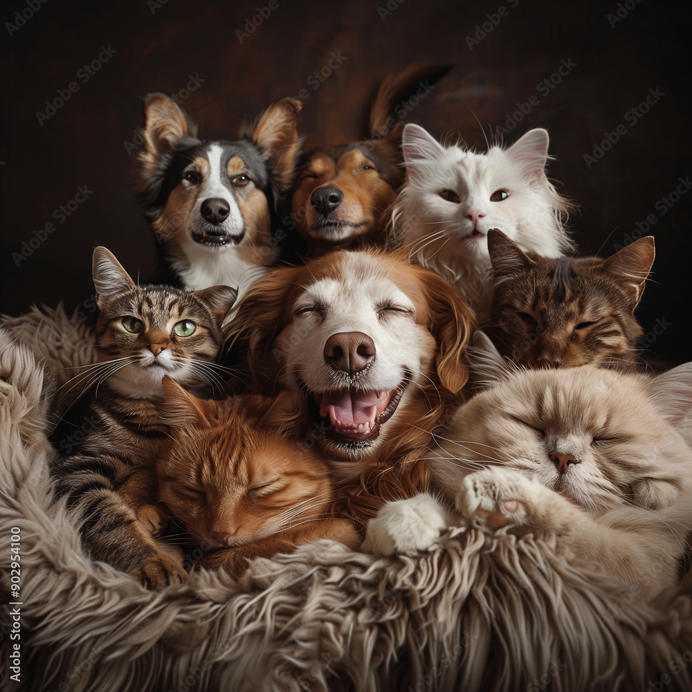 Obraz premium Group of Happy Dogs and Cats Posing Together in a Studio.