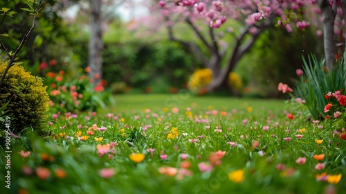 Fototapeta Naklejka Na Ścianę i Meble -  Lush Garden in Full Bloom After a Spring Rain Symbolizing Renewal and Growth