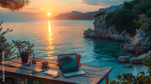 Fototapeta Naklejka Na Ścianę i Meble -  Vector illustration in a flat style. Summer vacation concept, remote work anywhere in the world. Modern laptop and cooling cocktail on a tropical island. The