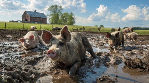 a group of pigs wallowing in a muddy pen on a sunny day, with a barn in the background photo