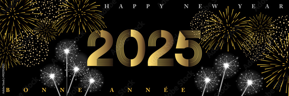 2025 - Bannière pour célébrer le nouvel an dans une ambiance de fêtes nocturnes avec des feux d’artifices et des cierges magiques - texte Français et anglais, traduction : bonne année.