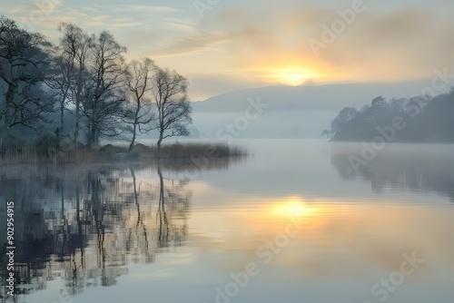 Serene Sunrise Over Misty Lake with Reflections of Trees and Mountains