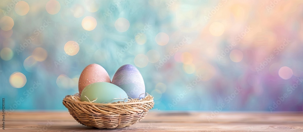 Pastel colored Easter eggs displayed in a woven basket against a colorful backdrop with copy space image capturing a festive holiday theme Pastel colored Easter eggs displayed in a woven basket against a colorful backdrop with copy space image capturing a festive holiday theme