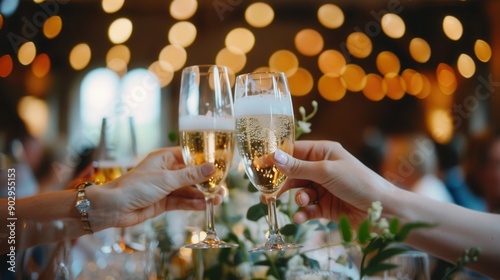 Two hands clinking champagne glasses in a celebratory toast at an elegant party, with a bokeh background creating a warm, festive atmosphere. The glasses are filled with bubbly champagne.