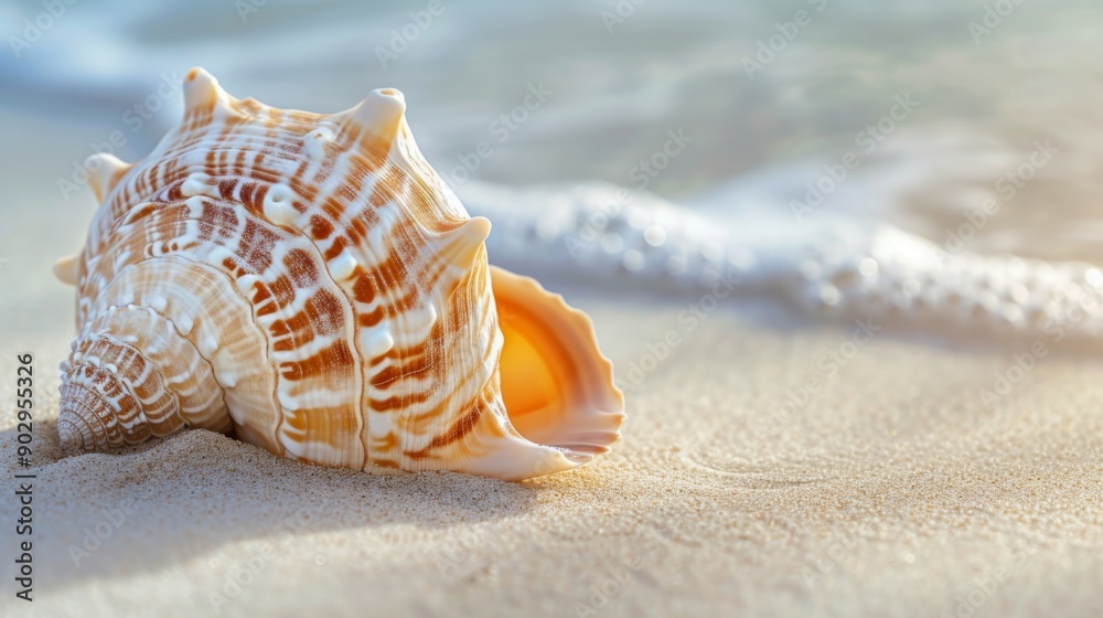 Beautiful sea shell with intricate patterns, lying on sandy beach Beautiful sea shell with intricate patterns, lying on sandy beach