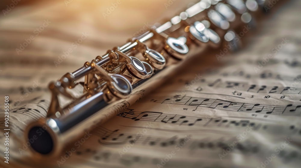 Fototapeta premium A silver flute placed on a sheet of music