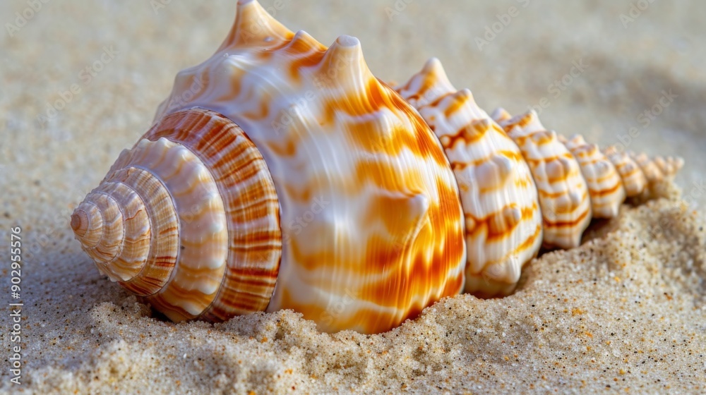 Beautiful sea shell with intricate patterns, lying on sandy beach Beautiful sea shell with intricate patterns, lying on sandy beach