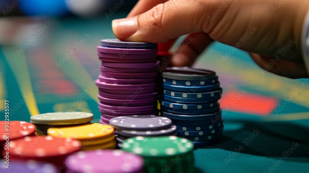 A hand holding a stack of colorful casino chips A hand holding a stack of colorful casino chips