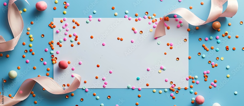 Copy space image featuring a white paper sheet adorned with a ribbon and colorful beads against a blue backdrop Copy space image featuring a white paper sheet adorned with a ribbon and colorful beads against a blue backdrop