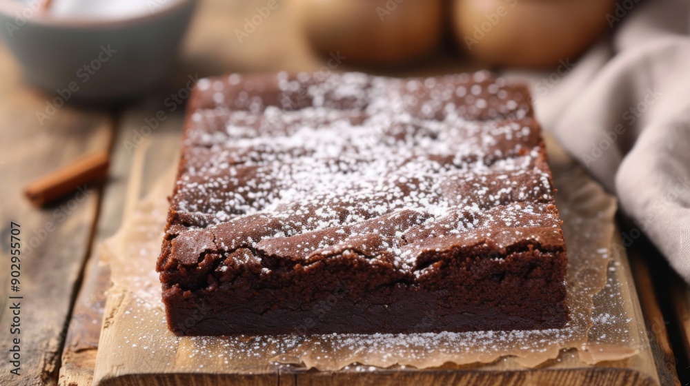 A rich chocolate brownie topped with powdered sugar, placed on a rustic wooden board A rich chocolate brownie topped with powdered sugar, placed on a rustic wooden board