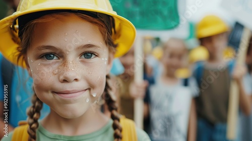 A young girl with braids and freckles wearing a yellow construction helmet smiles confidently with a background of people holding signs, representing hope and future. photo