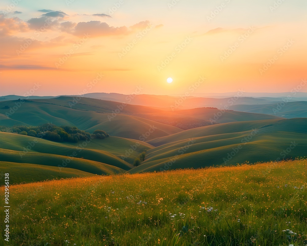 Fototapeta premium Sunrise Over Pastoral Rolling Hills Signifying Promise of New Beginnings