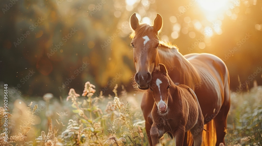 custom made wallpaper toronto digitalA foal standing close to its mother in a sunny pasture, morning rays