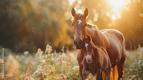 A foal standing close to its mother in a sunny pasture, morning rays