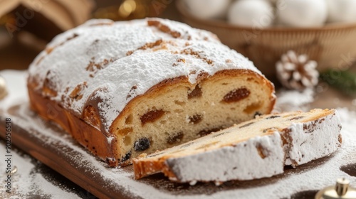 A traditional German Stollen cake dusted with powdered sugar