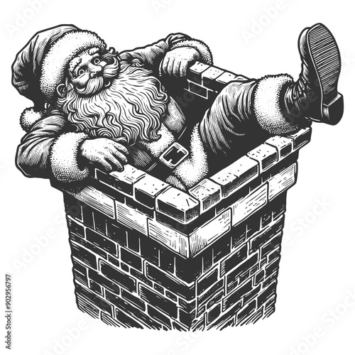 Santa Claus humorously stuck in chimney with his legs dangling out, playful scene sketch engraving generative ai fictional character vector illustration. Scratch board imitation. Black and white image