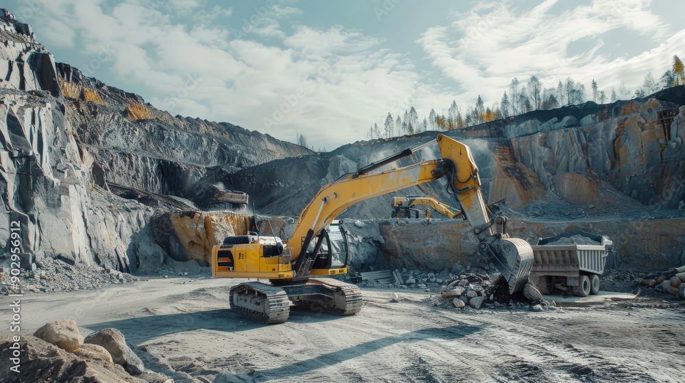 The excavator is working at a quarry for the extraction of crushed stone. The excavator is working at a quarry for the extraction of crushed stone.