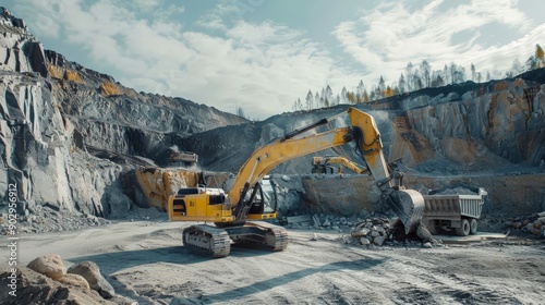 The excavator is working at a quarry for the extraction of crushed stone. photo