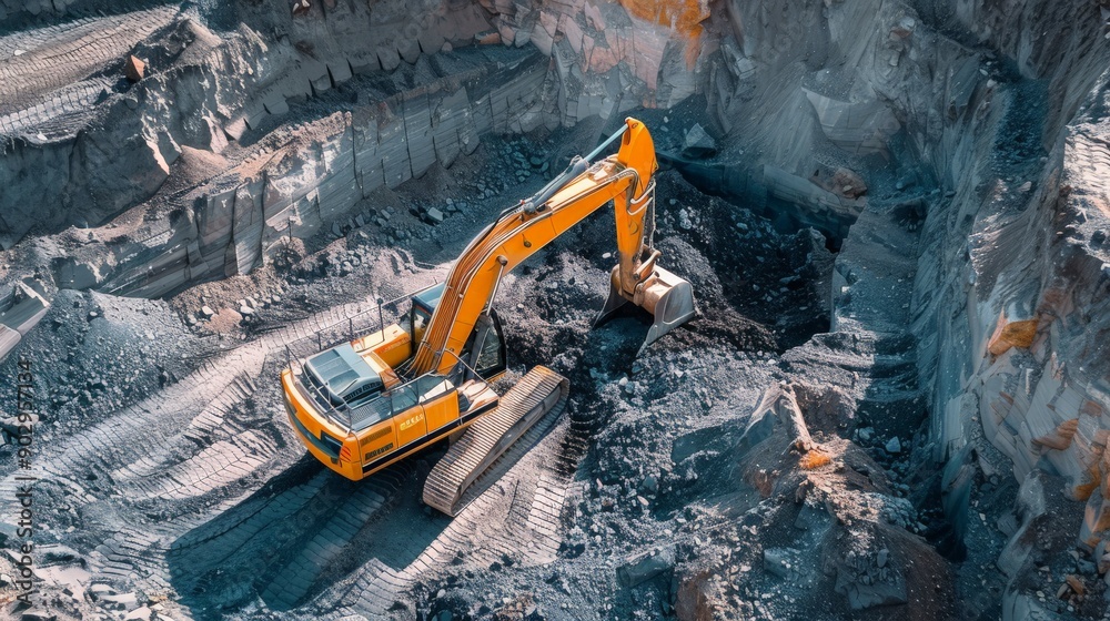 The excavator is working at a quarry for the extraction of crushed stone. The excavator is working at a quarry for the extraction of crushed stone.