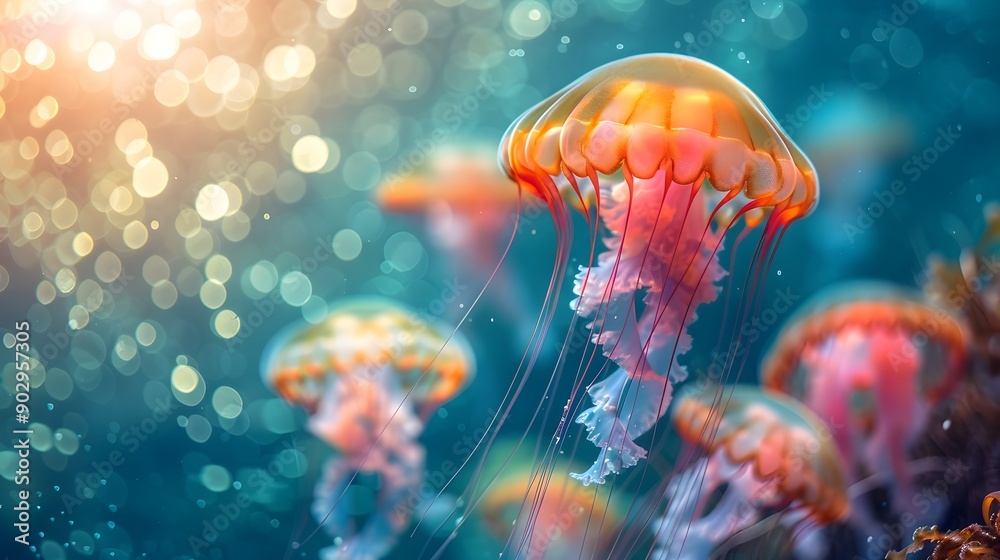 Naklejka premium Colorful Jellyfish Drifting Through Illuminated Underwater Seascape