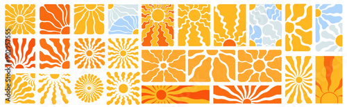 Sun groovy square design elements set. Groovy retro abstract sun backgrounds