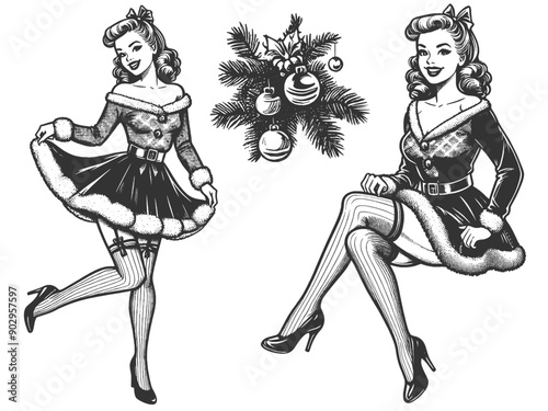 pin-up girls in festive outfits with Christmas decorations, retro holiday cheer sketch engraving generative ai fictional character vector illustration. Scratch board imitation. Black and white image.