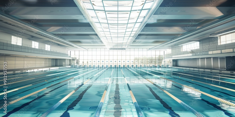 Obraz premium Bright and Fresh Indoor Olympic Swimming Pool Stadium: Conceptual Sports Arena Design for Web Backgrounds and Wallpapers. High-Resolution 4K Rendering of a Modern Aquatic Facility with Clean Lines and