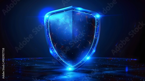 Futuristic Blue Shield with Glowing Effects and Cosmic Background