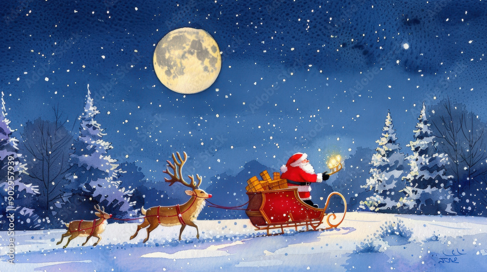 Santa Claus riding a sleigh pulled by reindeer through a snowy landscape under a bright moon, surrounded by evergreen trees Santa Claus riding a sleigh pulled by reindeer through a snowy landscape under a bright moon, surrounded by evergreen trees