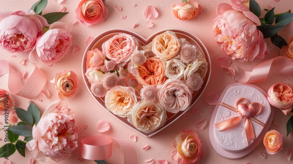 Heart-shaped box with assorted pink and peach roses, surrounded by petals and silk ribbon, perfect for romantic celebrations.