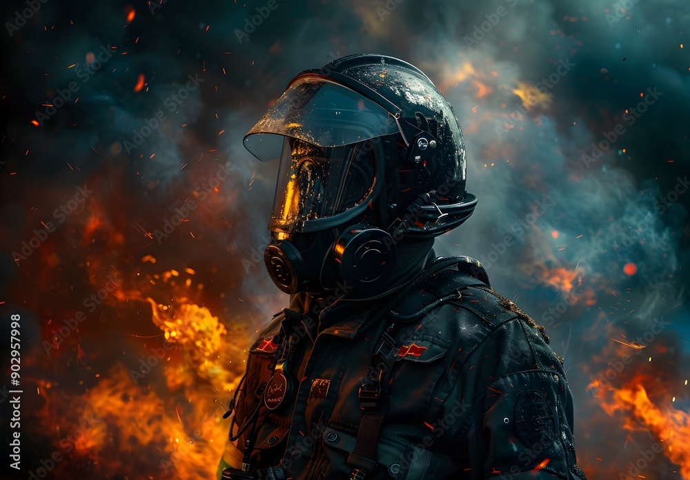 Firefighter in full gear with mask and helmet standing against the backdrop of raging flames, ready to fly into action. Firefighter in full gear with mask and helmet standing against the backdrop of raging flames, ready to fly into action.