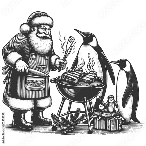 Santa Claus grilling bbq food with curious penguins in a snowy mountain landscape sketch engraving generative ai fictional character vector illustration. Scratch board imitation. Black and white image