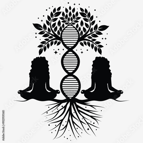 Twin Sister Meditation With DNA Shape Tree Illustration. Dna concept with tree shape Vector